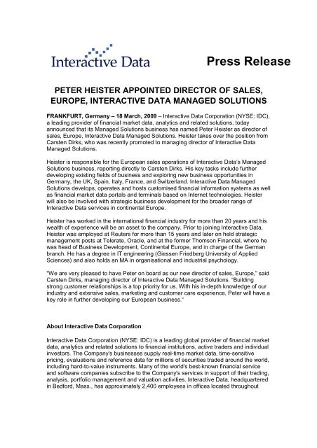 Press Release PETER HEISTER APPOINTED DIRECTOR OF ...
