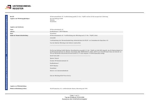 Eluvium Holdings GmbH - IM Internationalmedia AG