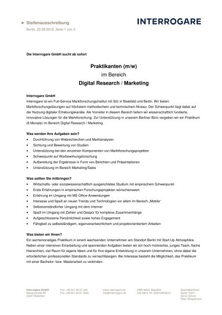 Praktikanten (m/w) im Bereich Digital Research ... - Interrogare GmbH