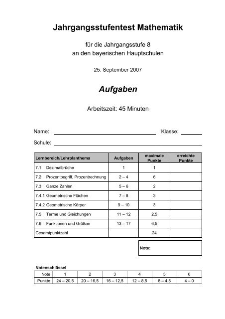 Jahrgangsstufentest Mathematik Aufgaben - ISB