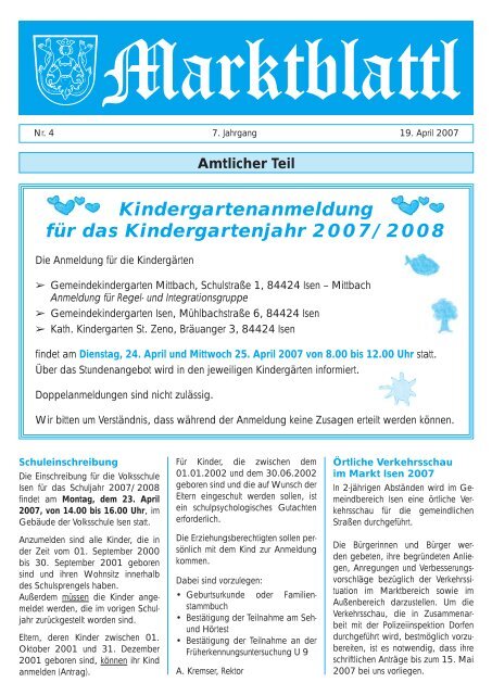 Kindergartenanmeldung für das Kindergartenjahr 2007/2008