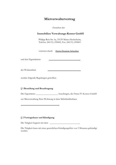 Verwaltervertrag (Mieverwaltung) - (PDF Download) - Immobilien ...
