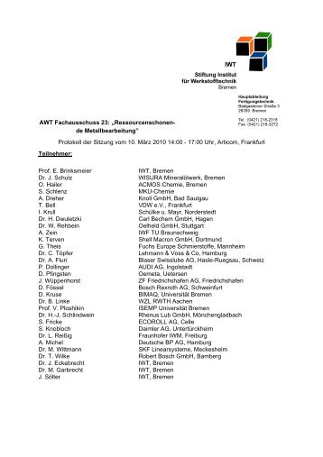 Protokoll der Sitzung vom 10. März 2010 14:00 - 17 ... - IWT Bremen