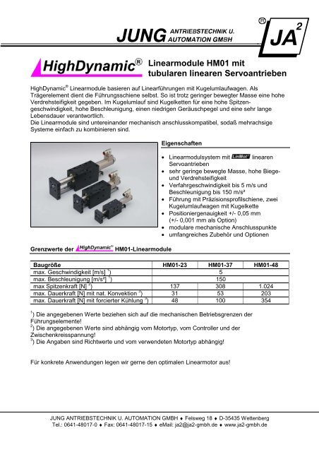 Linearmodule HM01 mit tubularen linearen Servoantrieben - JUNG ...