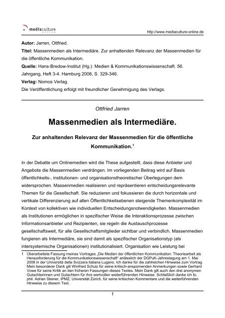 Massenmedien als Intermediäre. - Mediaculture online