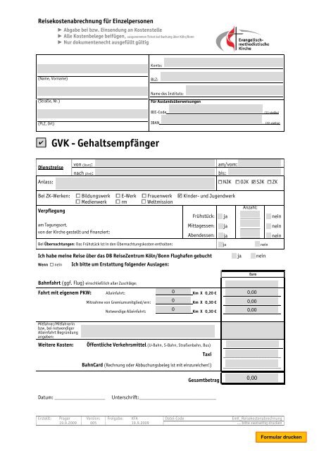 Formular zur Erstattung der Fahrtkosten