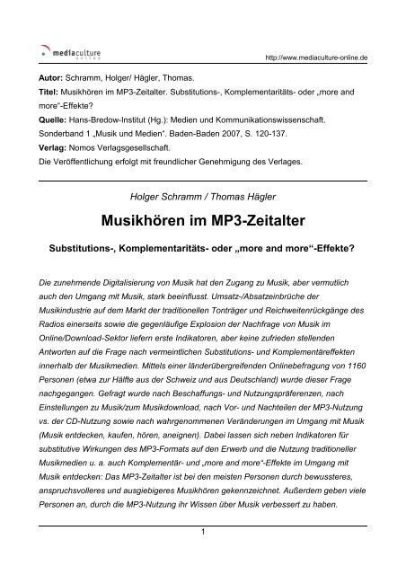 Musikhören im MP3-Zeitalter - Mediaculture online