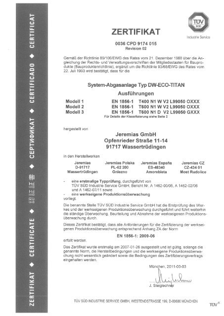 Page 1 Page 2 Seile 2 des Zertifikates Nr. 0036 CPD 9174 015 ...