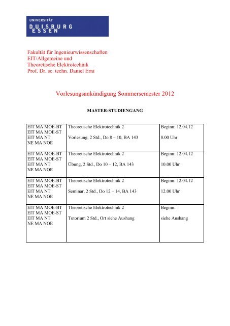 Vorlesungsverzeichnis - Allgemeine und theoretische Elektrotechnik ...