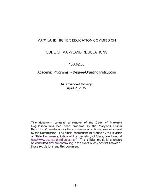 COMAR Title 13B.02.03 - Maryland Higher Education Commission