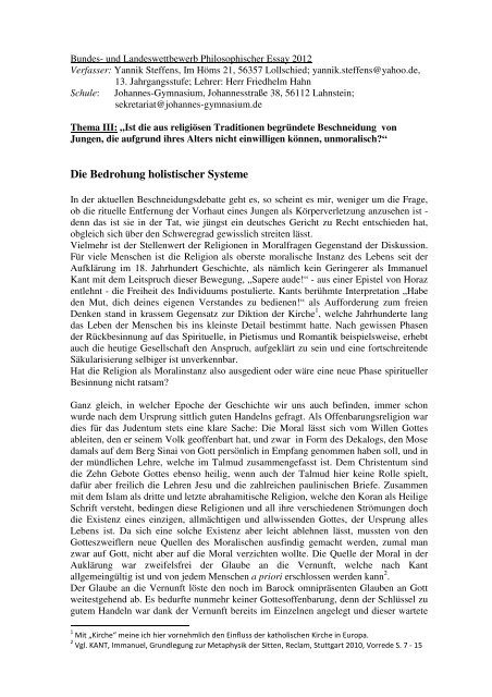 Essay Beschneidung Steffens - Privates Johannes-Gymnasium  ...