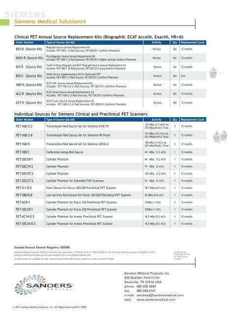 Siemens Medical Solutions® - Sanders Medical Products