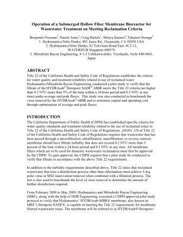 Operation of a Submerged Hollow Fiber Membrane ... - Hydranautics