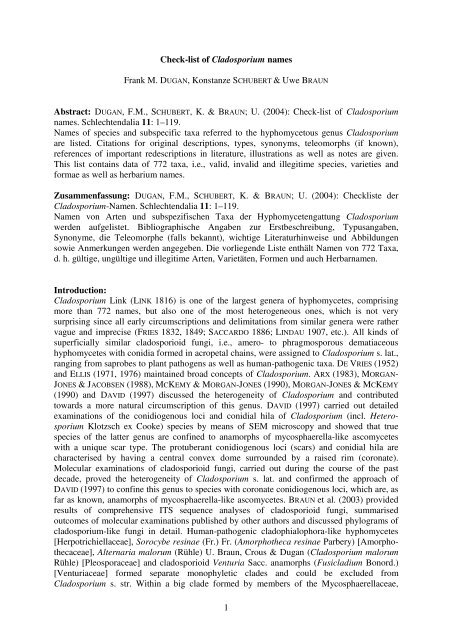 1 Check-list of Cladosporium names Frank M. DUGAN, Konstanze ...