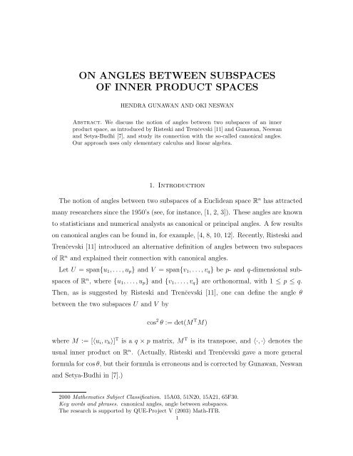 on angles between subspaces of inner product spaces - FMIPA ...