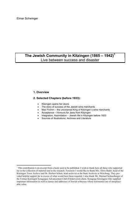 The Jewish Community in Kitzingen (1865 – 1942 ... - Stadt Kitzingen