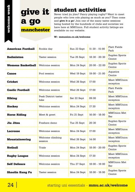 MMU Welcome Week Guide - Manchester Metropolitan University