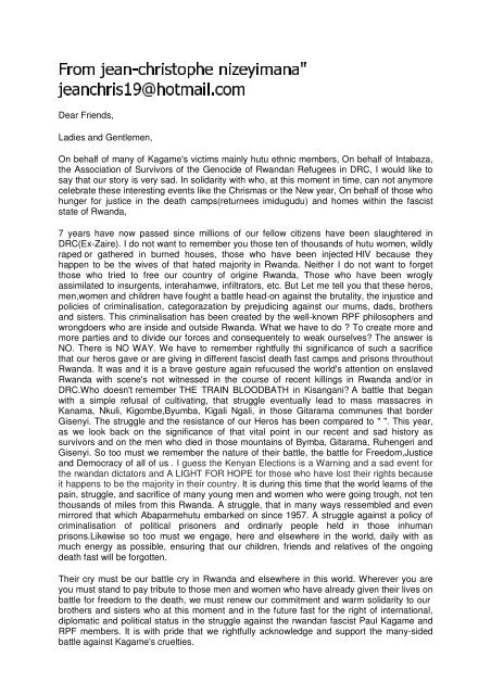 01/2003 Letter of Jean-Christophe Nizeyimana - Akagera-Rhein eV
