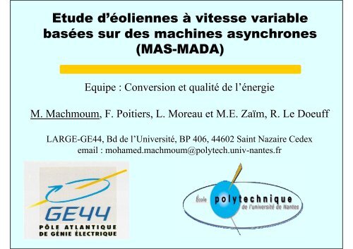 Eoliennes à vitesse variable basées sur des machines