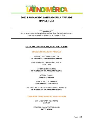 2012 PROMAXBDA LATIN AMERICA AWARDS FINALIST LIST