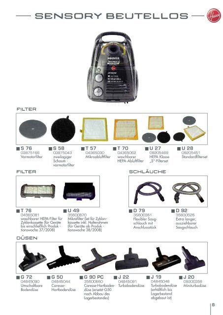 PDF Katalog von Hoover Verbrauchsteilekatalog 2009/ 2010 zum