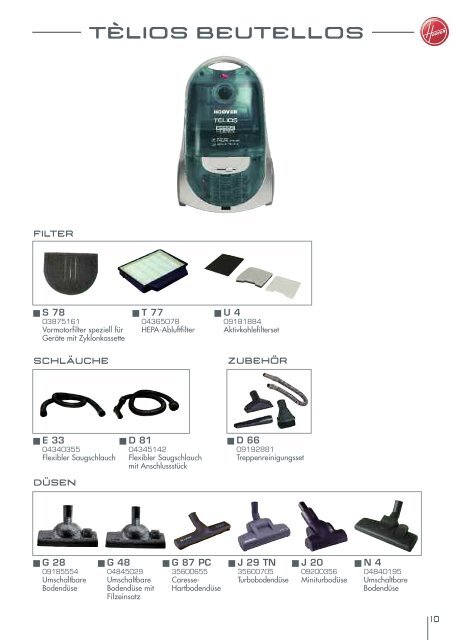 PDF Katalog von Hoover Verbrauchsteilekatalog 2009/ 2010 zum