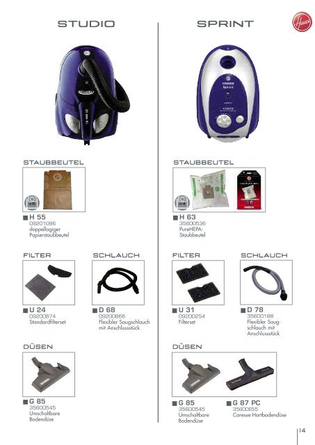 PDF Katalog von Hoover Verbrauchsteilekatalog 2009/ 2010 zum