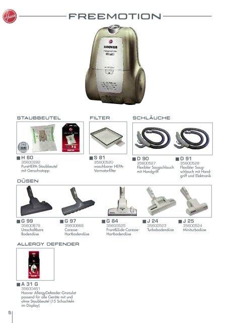 PDF Katalog von Hoover Verbrauchsteilekatalog 2009/ 2010 zum