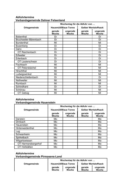 Abfuhrtermine Verbandsgemeinde Dahner Felsenland ...