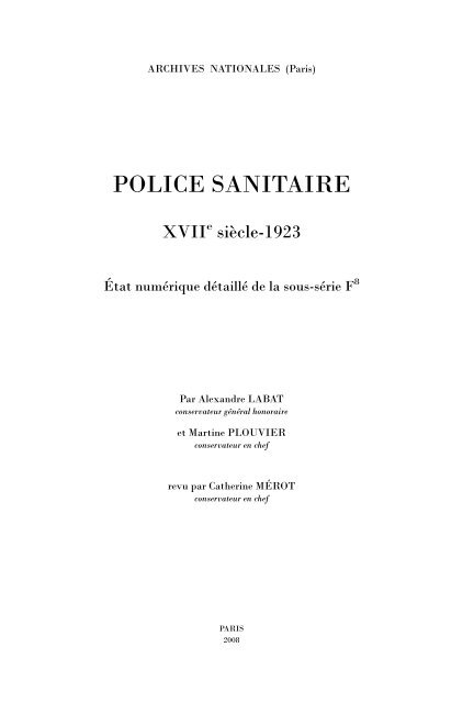 POLICE SANITAIRE XVIIe siècle-1923 État numérique détaillé de la ...