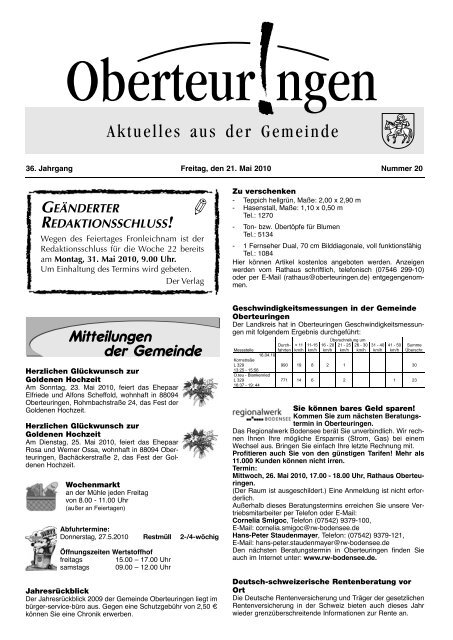 Mitteilungen Der Gemeinde In Der Gemeinde Oberteuringen