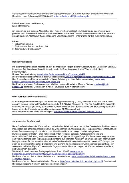 Newsletter vom 13.03.2008 - Toni Hofreiter