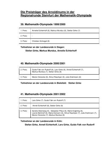 Preisträger des Gymnasiums Arnoldinum seit dem Schuljahr 1999