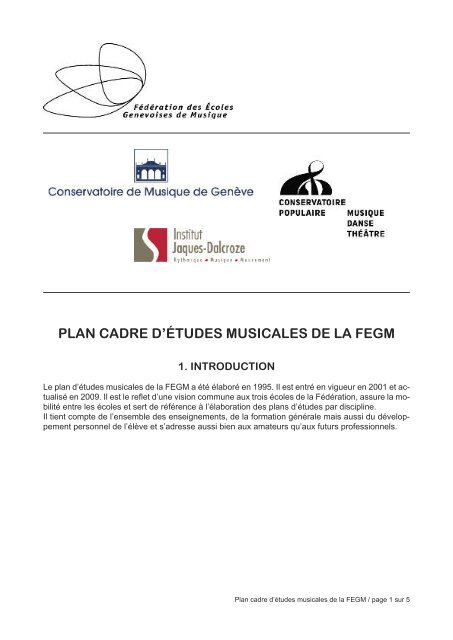 PLAN CADRE D'ÉTUDES MUSICALES DE LA FEGM