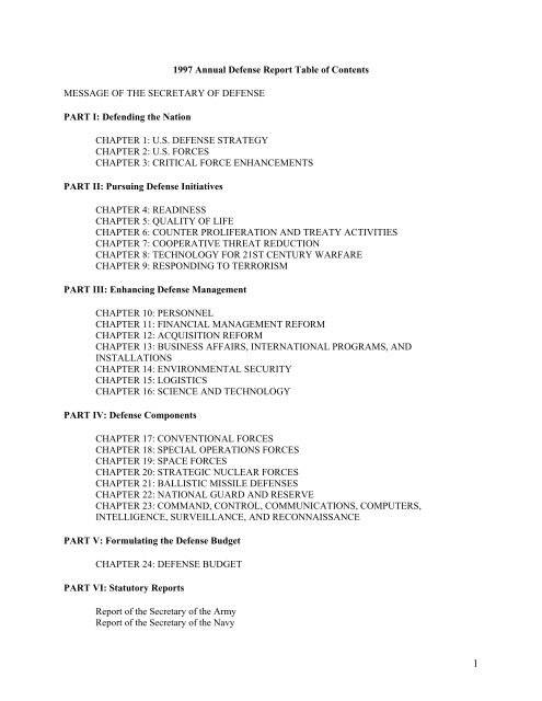 1997 Annual Defense Report Table of Contents - Air Force Magazine