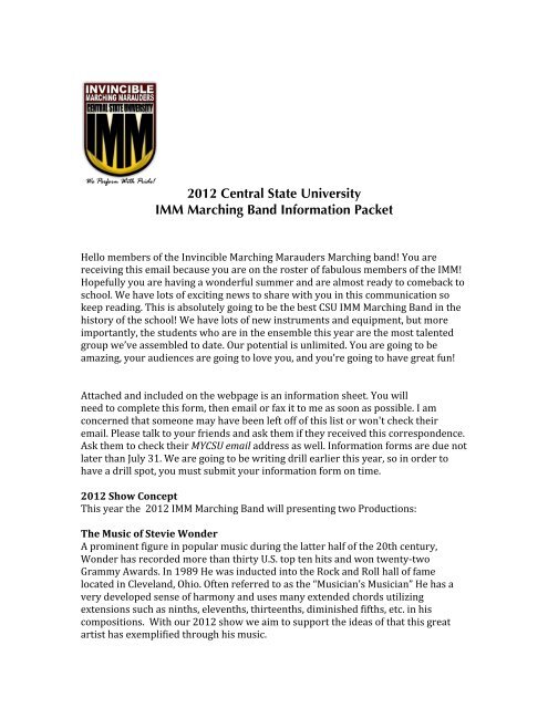 2012 Central State University IMM Marching Band Information Packet