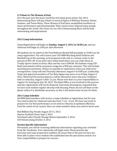 2012 Central State University IMM Marching Band Information Packet