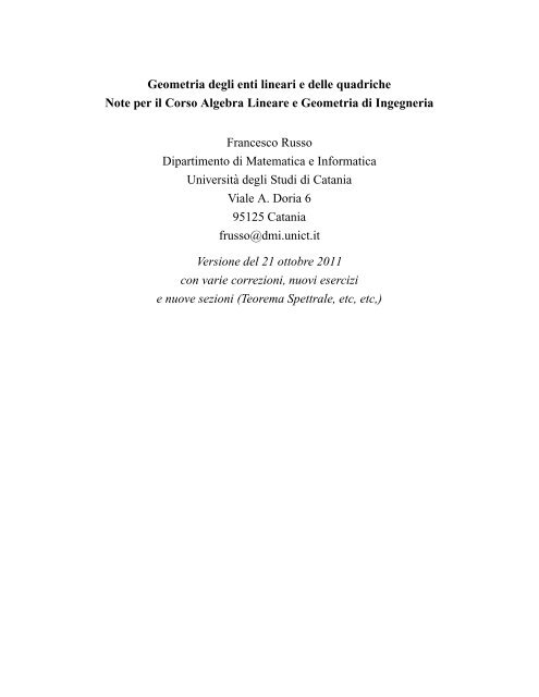 Geometria Degli Enti Lineari E Delle Quadriche Note Per Il