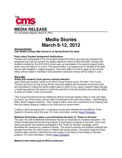 Media Stories March 6-12, 2012 - Charlotte-Mecklenburg Schools