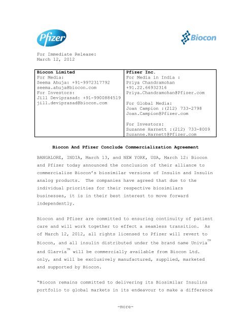 -more- For Immediate Release: March 12, 2012 Biocon ... - Pfizer