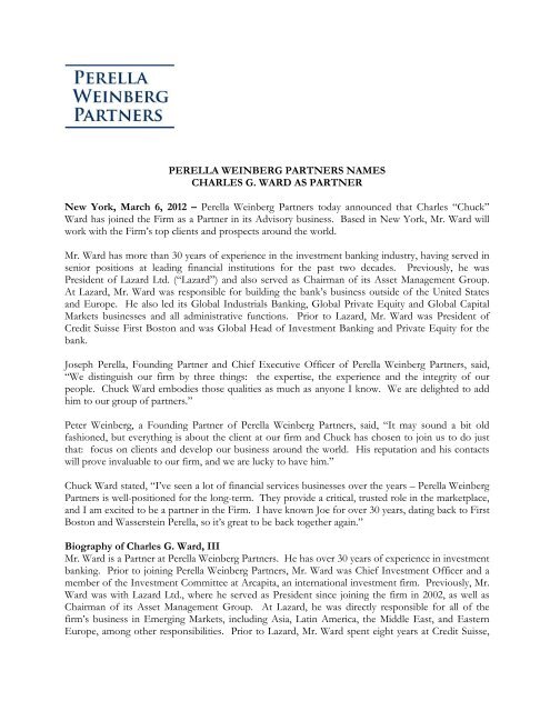 Perella Weinberg Partners Names Charles G. Ward As