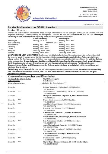 Klassenelternsprecher und Elternbeirat - Volksschule Kirchweidach