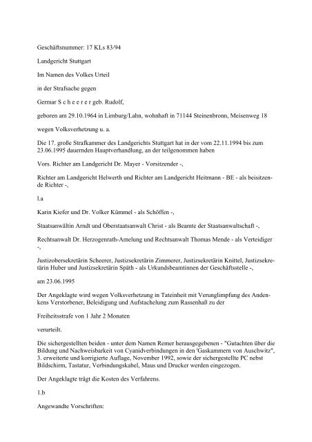 17 KLs 83/94 Landgericht Stuttgart Im Namen des Volkes Urteil in ...