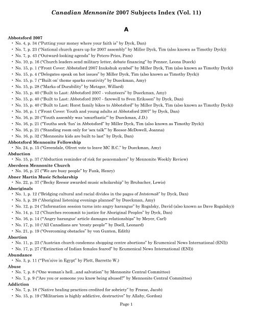 Subjects Index (Vol. 11) - Canadian Mennonite