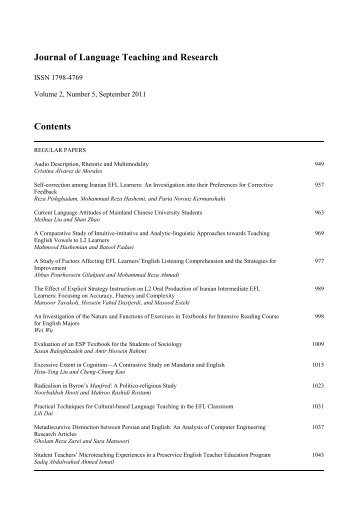 Journal of Language Teaching and Research Contents - Academy ...