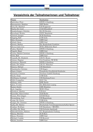 Verzeichnis der Teilnehmerinnen und Teilnehmer - ZBW