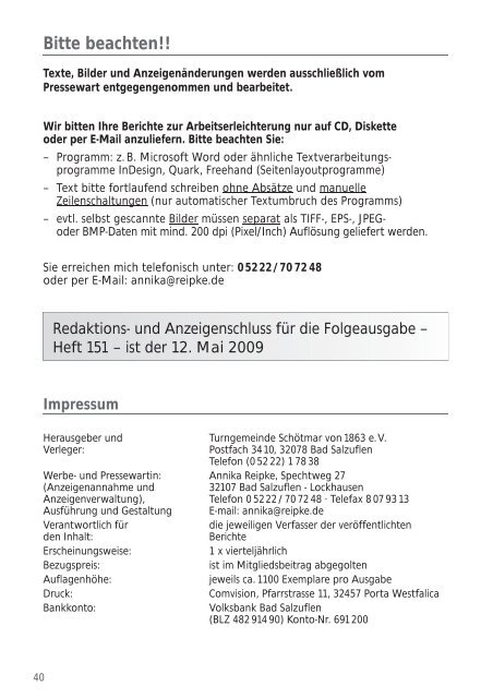Heft 150 / 1. Quartal 2009 - Turngemeinde Schötmar von 1863 e.V.