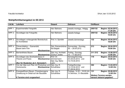 Wahlfächer Sommersemester 2012