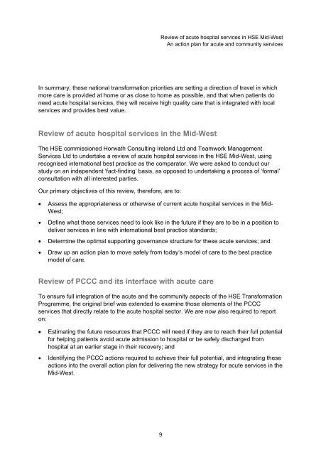 Review of acute hospital services in the Mid - Health Service Executive