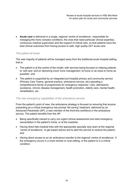 Review of acute hospital services in the Mid - Health Service Executive